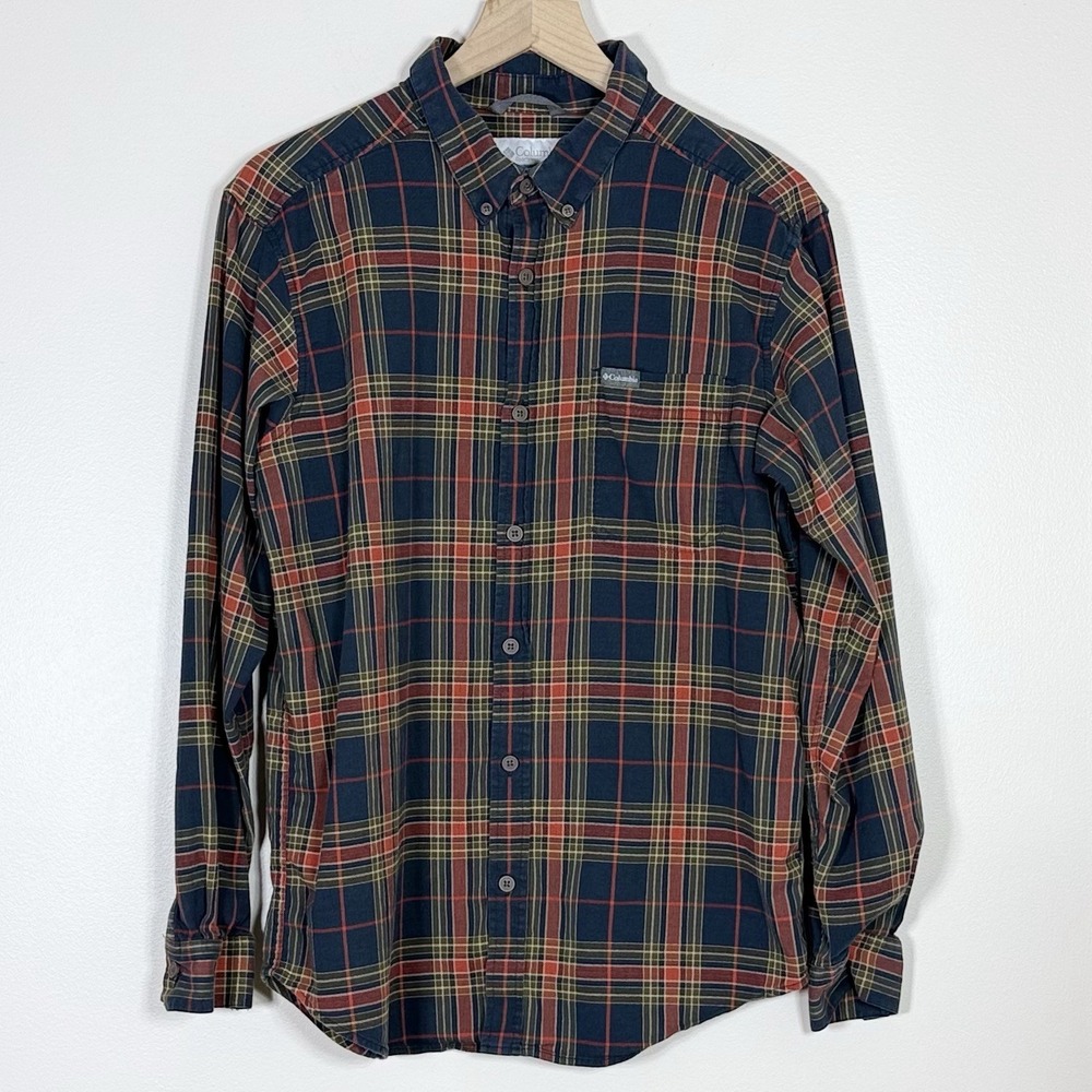 Columbia Mens Button Down Shirt L Navy Plaid Long Sleeve Stretch Cotton Casual - Picture 2 of 7